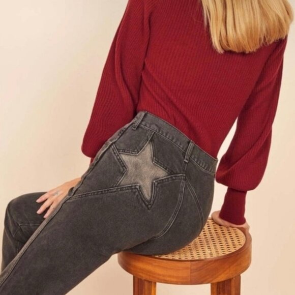 Reformation Star Jeans Women 31 Black Gray Seine Straight Leg Ankle Boho Grunge - Picture 1 of 12